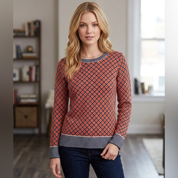 J. Crew Sweaters - J. Crew Red and navy Geometric Crew Neck Sweater